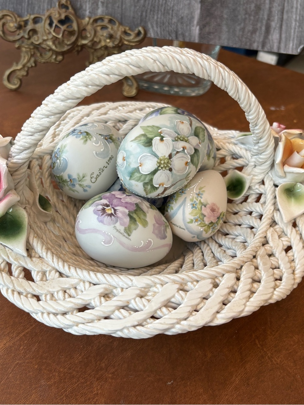 Hand-Painted Floral Decorative Eggs in White Basket